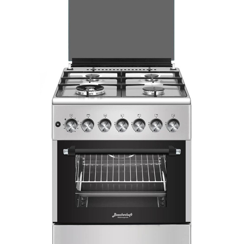 Baeckerhaft Freestanding Gas Cooker with 4 Burners + 1 Wok, Turbo Fan, Digital Timer, Full Safety System, Sabaf Italian Burners, Stainless Steel Finish Size 60x60x82 cm Made in Turkey, 1Year warranty