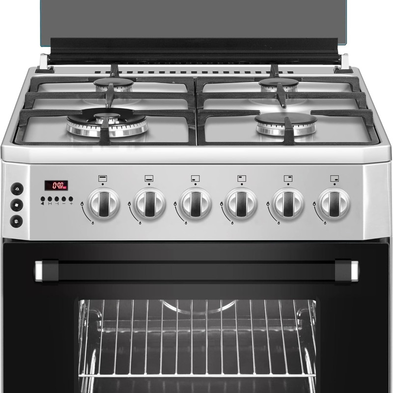 Baeckerhaft Freestanding Gas Cooker with 4 Burners + 1 Wok, Turbo Fan, Digital Timer, Full Safety System, Sabaf Italian Burners, Stainless Steel Finish Size 60x60x82 cm Made in Turkey, 1Year warranty