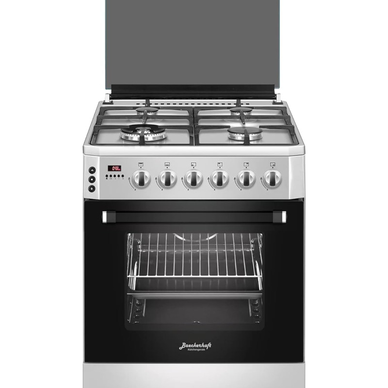 Baeckerhaft Freestanding Gas Cooker with 4 Burners + 1 Wok, Turbo Fan, Digital Timer, Full Safety System, Sabaf Italian Burners, Stainless Steel Finish Size 60x60x82 cm Made in Turkey, 1Year warranty