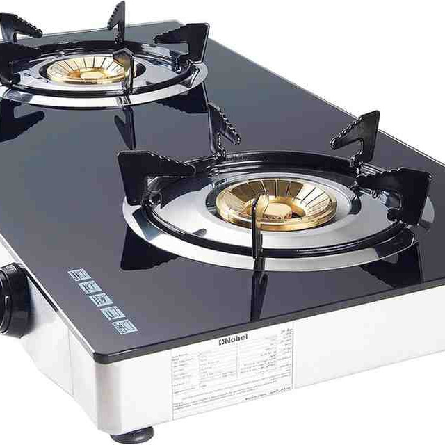 Nobel Gas Stove with Dual Gas Burner, 1 x 90mm Single Burner (3,0kW) + 1 x 90mm Double Burner (3,5kW) with Glass Black Brass Glass Top Auto Ignition Double Burner NGT2111