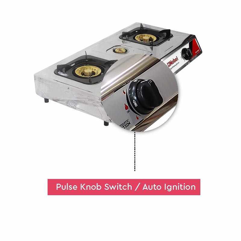 Nobel 3 Gas Burner/3 Brass Burners Gas Stove Cold Steel Paint Finish Look and Piezo Ignition, with 90mm Single Burner, 40mm Single Burner, 90mm Double Brass Cover, NGT3007