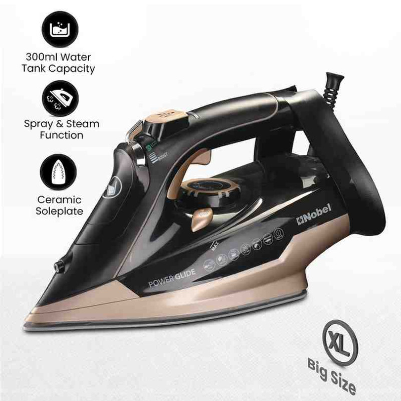 Nobel Steam Iron, Dry Ironing, Spray & Steam, 320ml Ceramic Sole Plate, Self-Cleaning, Powerful Burst & Vertical Steam, Adjustable Control, 360° Swivel Cord, Overheat Safety 320ml 2400W NSI35