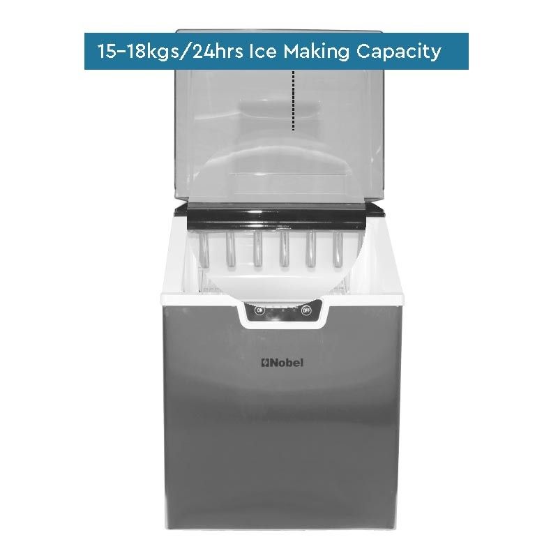 Nobel Ice Cube Maker Stainless Steel 20-30 Kgs 24 Hrs Ice Making Capacity 1.8Kgs Icebin Capacity, 3L Water Tank Capacity Bullet Ice Shaped, 18 Cycle Led Indicator NIM30