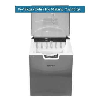 Nobel Ice Cube Maker Stainless Steel 15-18 Kgs 24 Hrs Ice Making Capacity 2.4Kgs Icebin Capacity, 3.2L Water Tank Bullet Ice Shaped Led Indicator NIM24