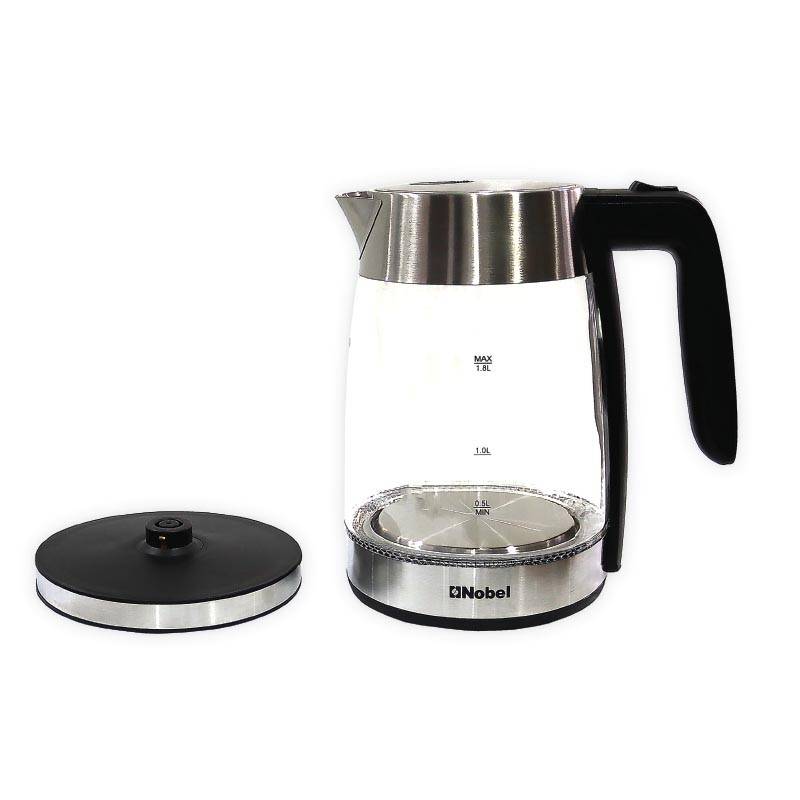 Nobel Glass Kettle 1.8Liter with Blue LED Light illumination and High Borosilicate Glass Body, Stainless Steel Heating Element Boiling Dry Protection Auto Shutoff NK180G