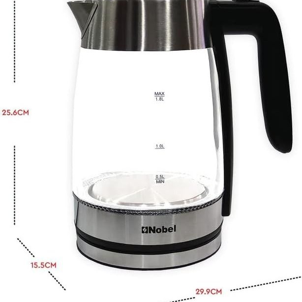 Nobel Glass Kettle 1.8Liter with Blue LED Light illumination and High Borosilicate Glass Body, Stainless Steel Heating Element Boiling Dry Protection Auto Shutoff NK180G