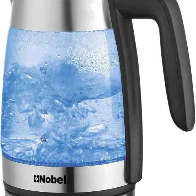 Nobel Glass Kettle 1.8Liter with Blue LED Light illumination and High Borosilicate Glass Body, Stainless Steel Heating Element Boiling Dry Protection Auto Shutoff NK180G