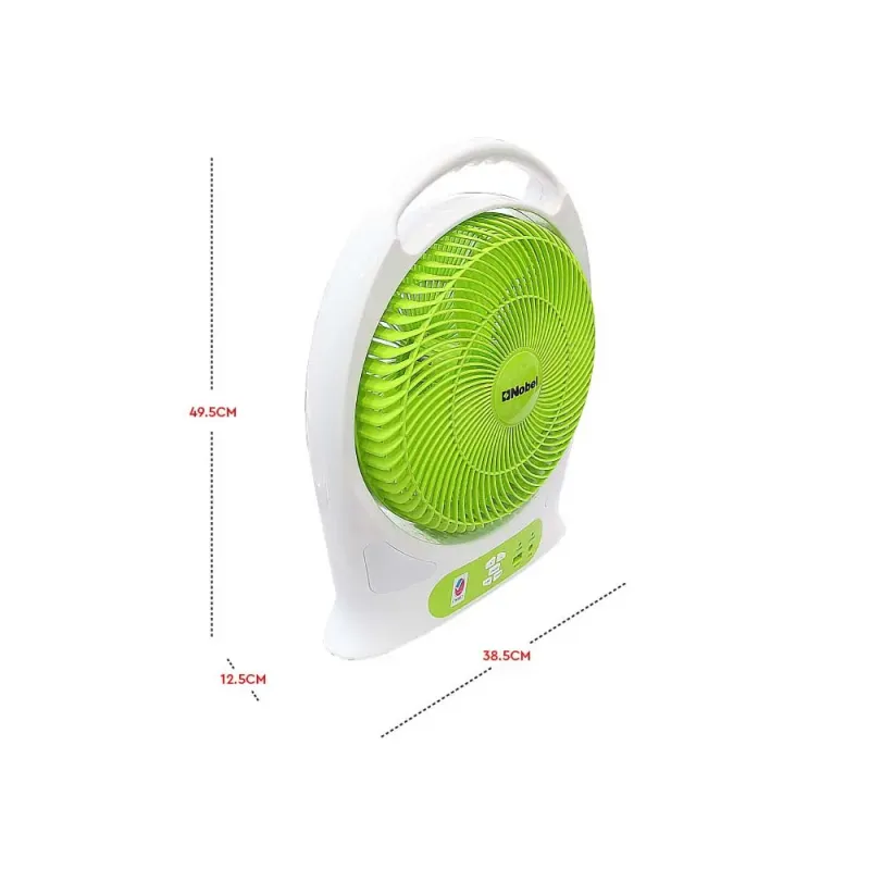 NOBEL RECHARGEABLE BOX FAN WHITE/GREEN 12" LED Light 9 Speed NBF128R