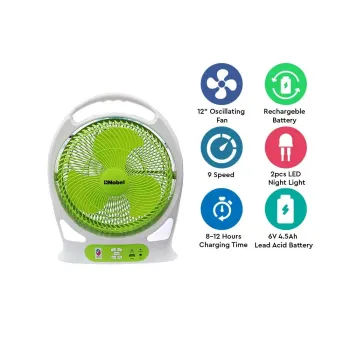 NOBEL RECHARGEABLE BOX FAN WHITE/GREEN 12" LED Light 9 Speed NBF128R
