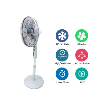 Nobel 16″ Pedestal Fan – 3-Speed, 5-Blade, Oscillating, Timer Function, 40W, Gray NF145