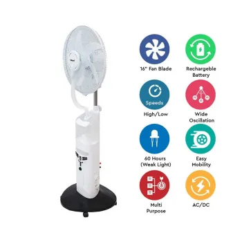Nobel Fan 16" Blade Rechargeable Mist Standing Fan, Wide Oscillation, 4 Stack Bright LED NF777MRC