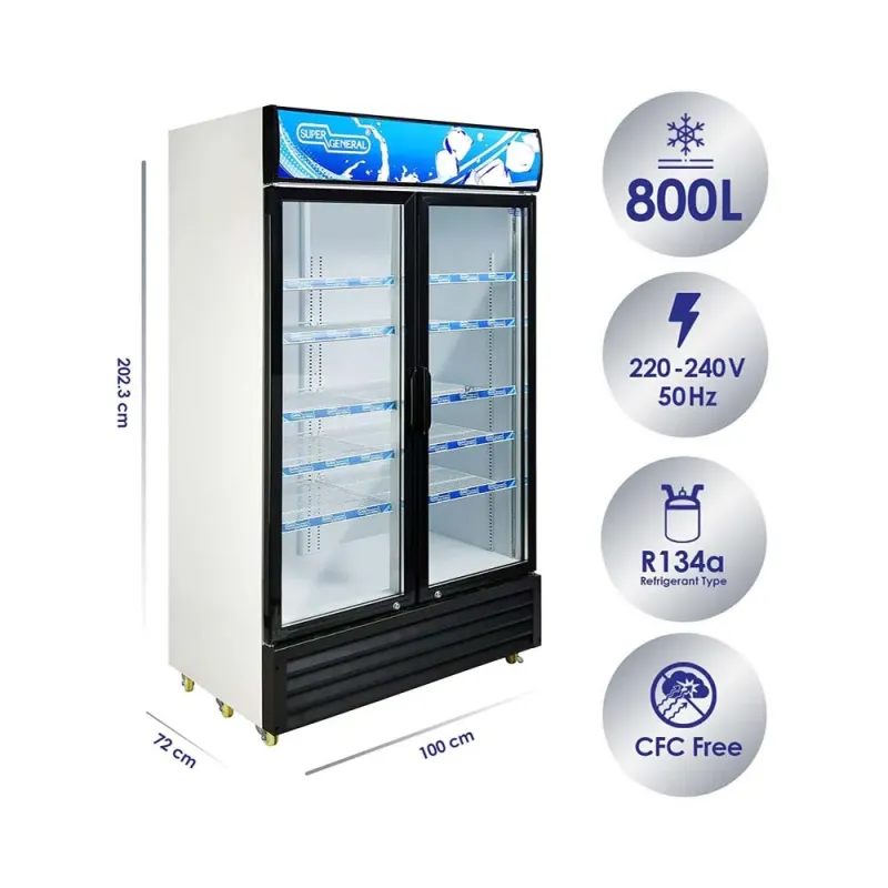 Super General Showcase 800L Glass Liter Double-Door Upright Beverage Chiller Model SGSC1018IF