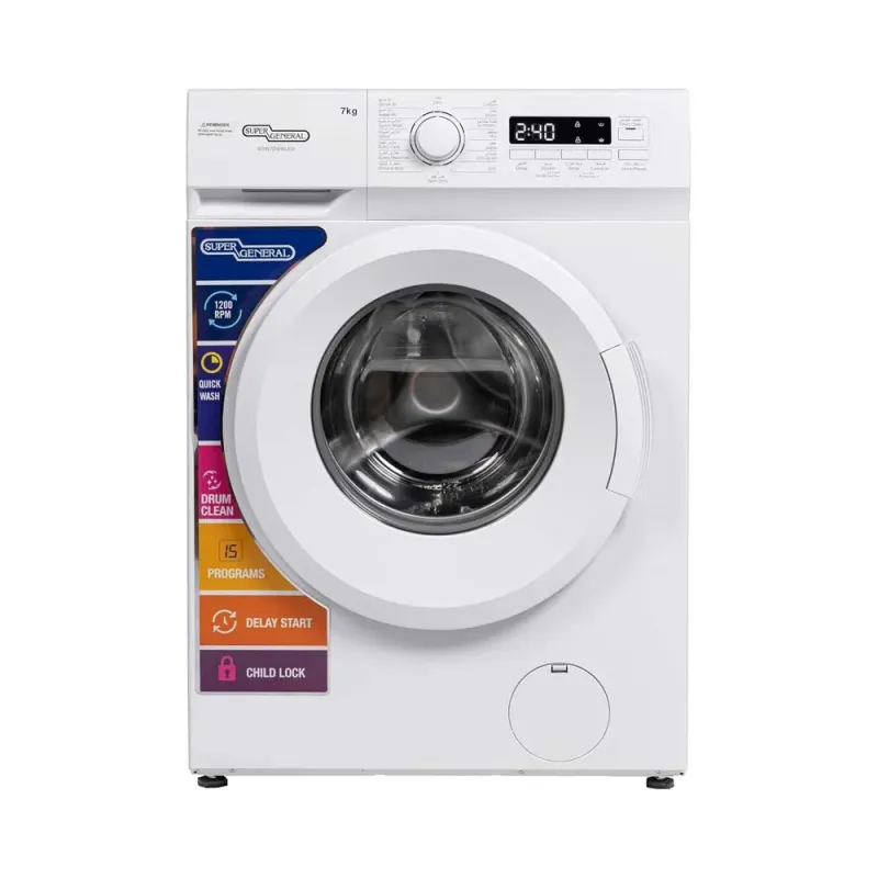 Super General 7 Kg Front Load Washing Machine 1200-RPM 15 Wash Programs, Quick Wash, LED Display, Delay Start, Drum Clean Model SGW7250NLED