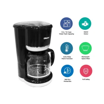 Nobel Coffee Machine 1.5L Black, 12 Cups, Auto Keep Warm & Safety Features NCM10