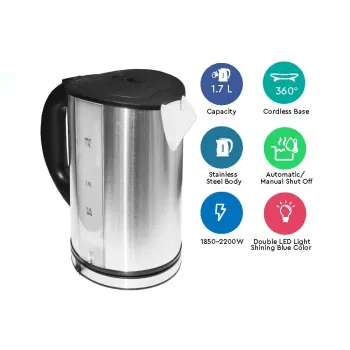 Nobel Kettles Stainless Steel 1.7 Liter Cordless Led Light Boiling Dry Protection Auto Shutoff NK172SS
