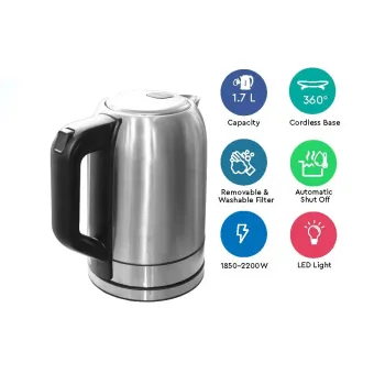 Nobel Kettle 1.7Liter Stainless Steel with 3 Steps Protection Safety Cordless Auto Shut off NK187SS