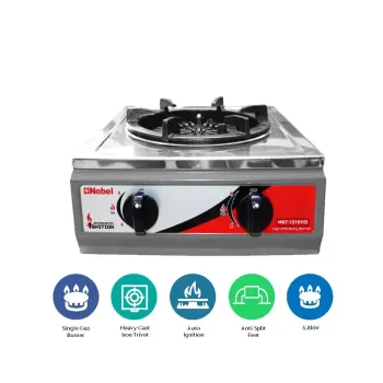 Nobel Gas Stove Heavy Duty Stainless Steel, Twin Cast Iron Burner, Non-Stick Base, Auto Ignition, Single Burner with Heavy Cast Iron Trivet NGT1010HD