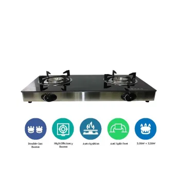 Nobel Gas Stove with Dual Gas Burner with Glass Black Brass Glass Top Auto Ignition Double Burner NGT2111