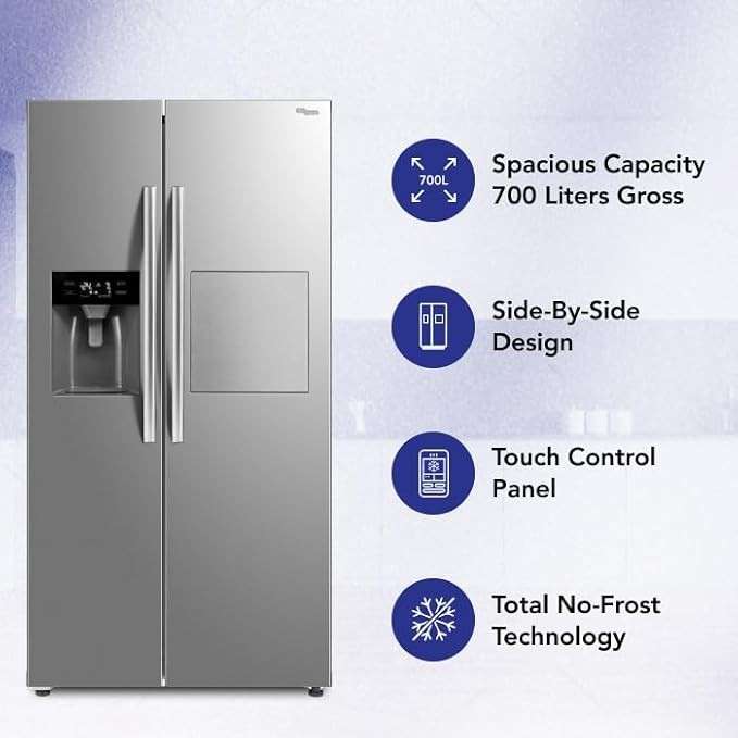 Super General 700L Side-By-Side Refrigerator-Freezer, Water Dispenser, Digital Control, SGR897SBS